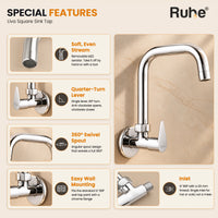 Liva Square Brass Sink Tap dimensions: 170 mm spout reach, 235 mm height and 225 mm wall to outlet (±5 mm), 1/2 Inch BSP inlet, net weight 550 g (±5%)