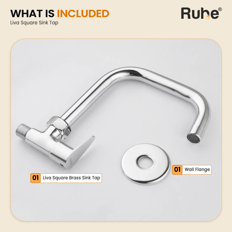 In the box: Liva Square Brass Sink Tap and wall flange