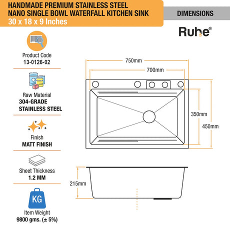 Nano 304-Grade Kitchen Sink with Integrated Waterfall, Pull-Out & RO Faucet (30 x 18 x 9 Inches) - by Ruhe®