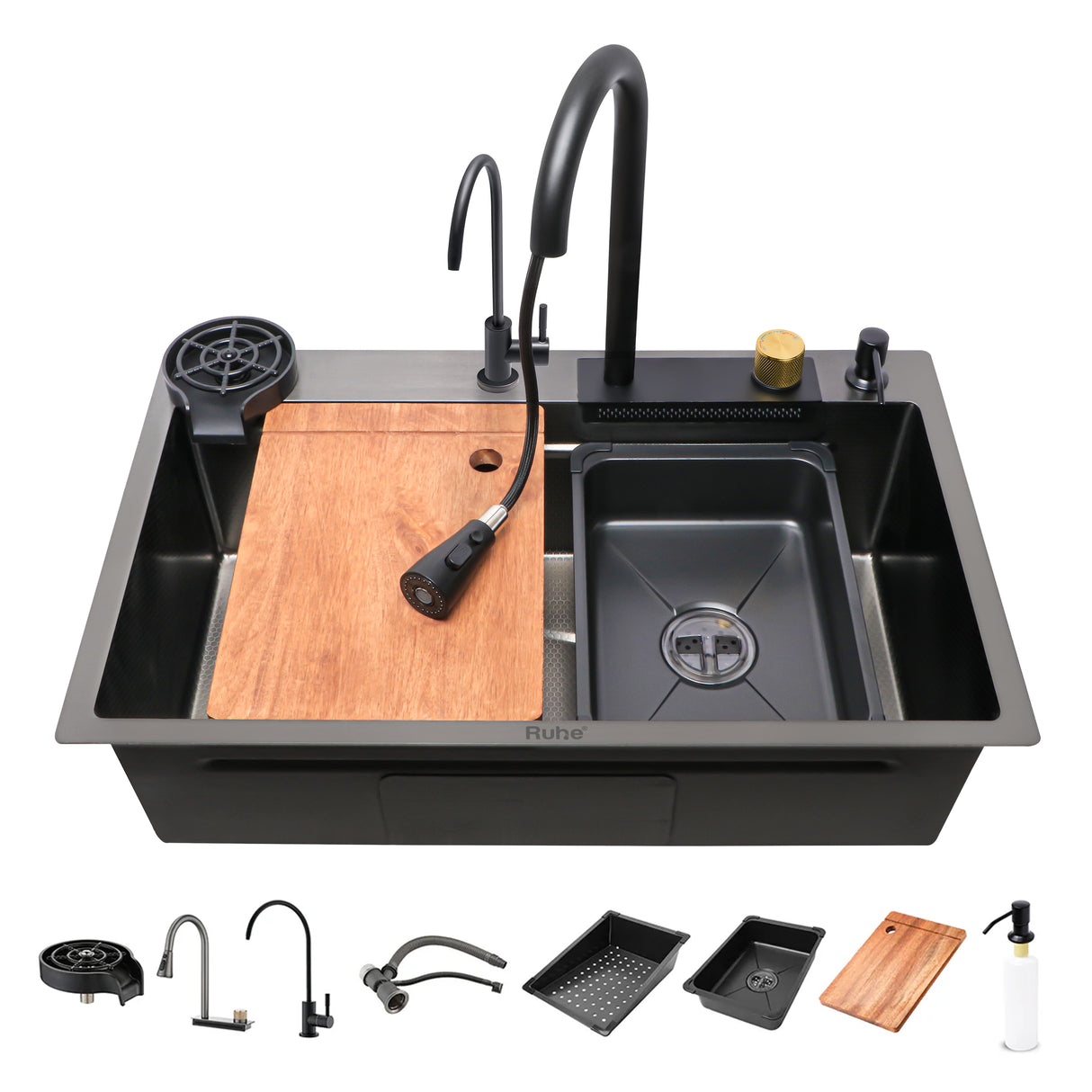 Nano Black 304-Grade Kitchen Sink with Integrated Waterfall, Pull-Out & RO Faucet (30 x 18 x 9 Inches) - by Ruhe