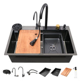 Nano Black 304-Grade Kitchen Sink with Integrated Waterfall, Pull-Out & RO Faucet (30 x 18 x 9 Inches) - by Ruhe