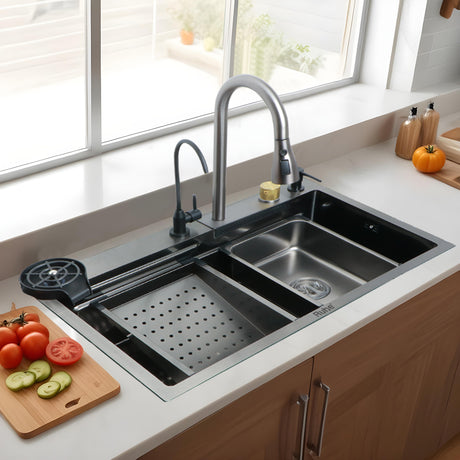 Nano Black 304-Grade Kitchen Sink with Integrated Waterfall, Pull-Out & RO Faucet (30 x 18 x 9 Inches) - by Ruhe