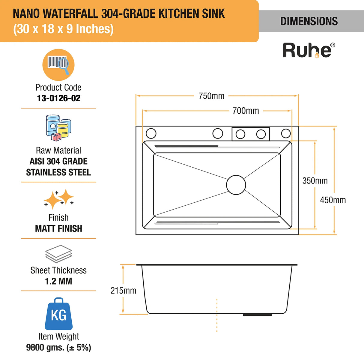 Nano Black 304-Grade Kitchen Sink with Integrated Waterfall, Pull-Out & RO Faucet (30 x 18 x 9 Inches) - by Ruhe