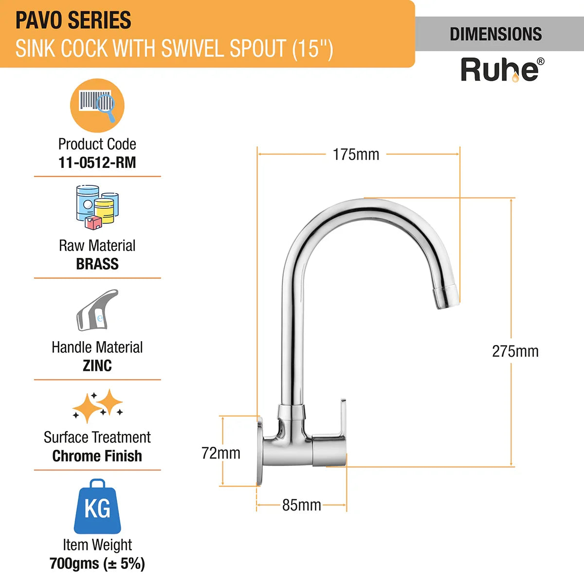 Pavo Wall Mount Kitchen Sink Tap with Swivel Spout