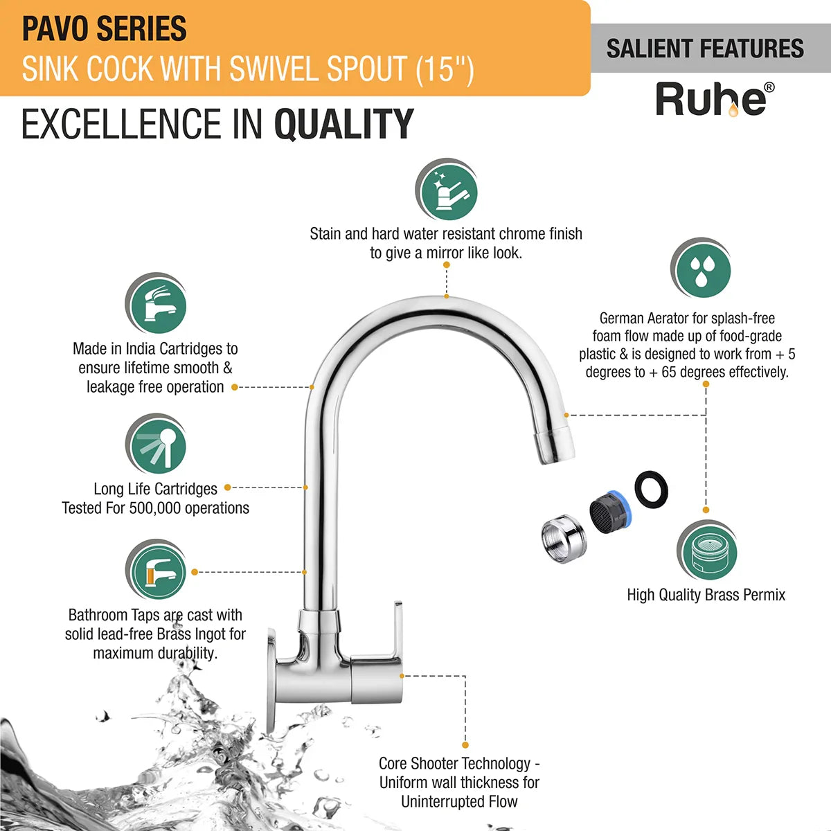 Pavo Wall Mount Kitchen Sink Tap with Swivel Spout