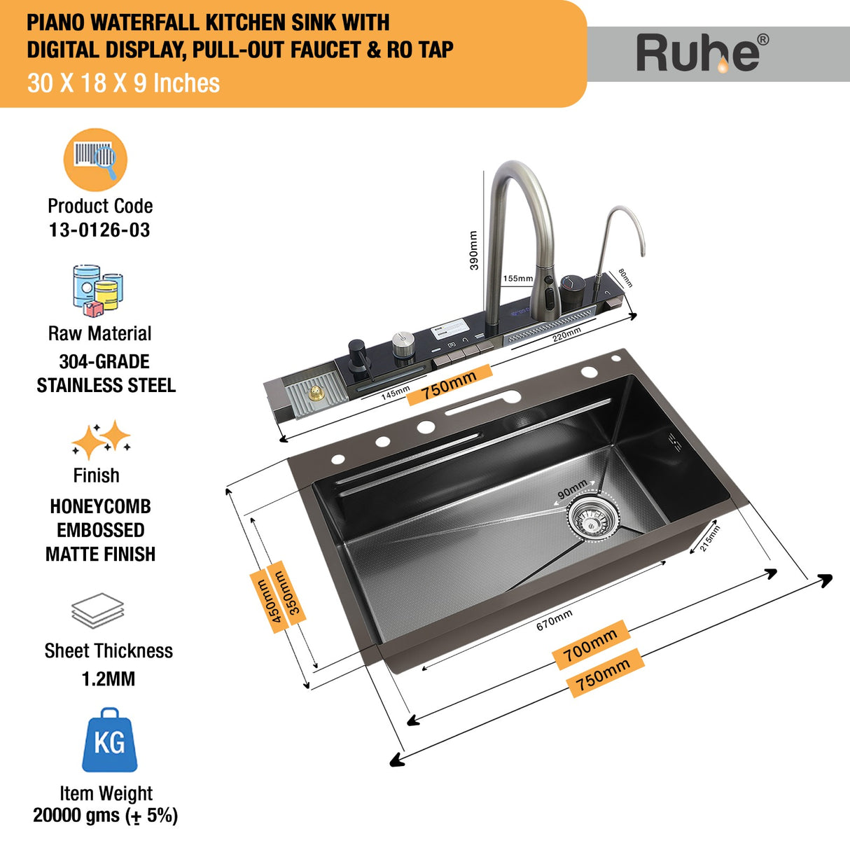 Piano 304-Grade Kitchen Sink with Integrated Waterfalls, Digital Display, Pull-out Faucet & RO Tap (30 x 18 x 9 inches) - by Ruhe