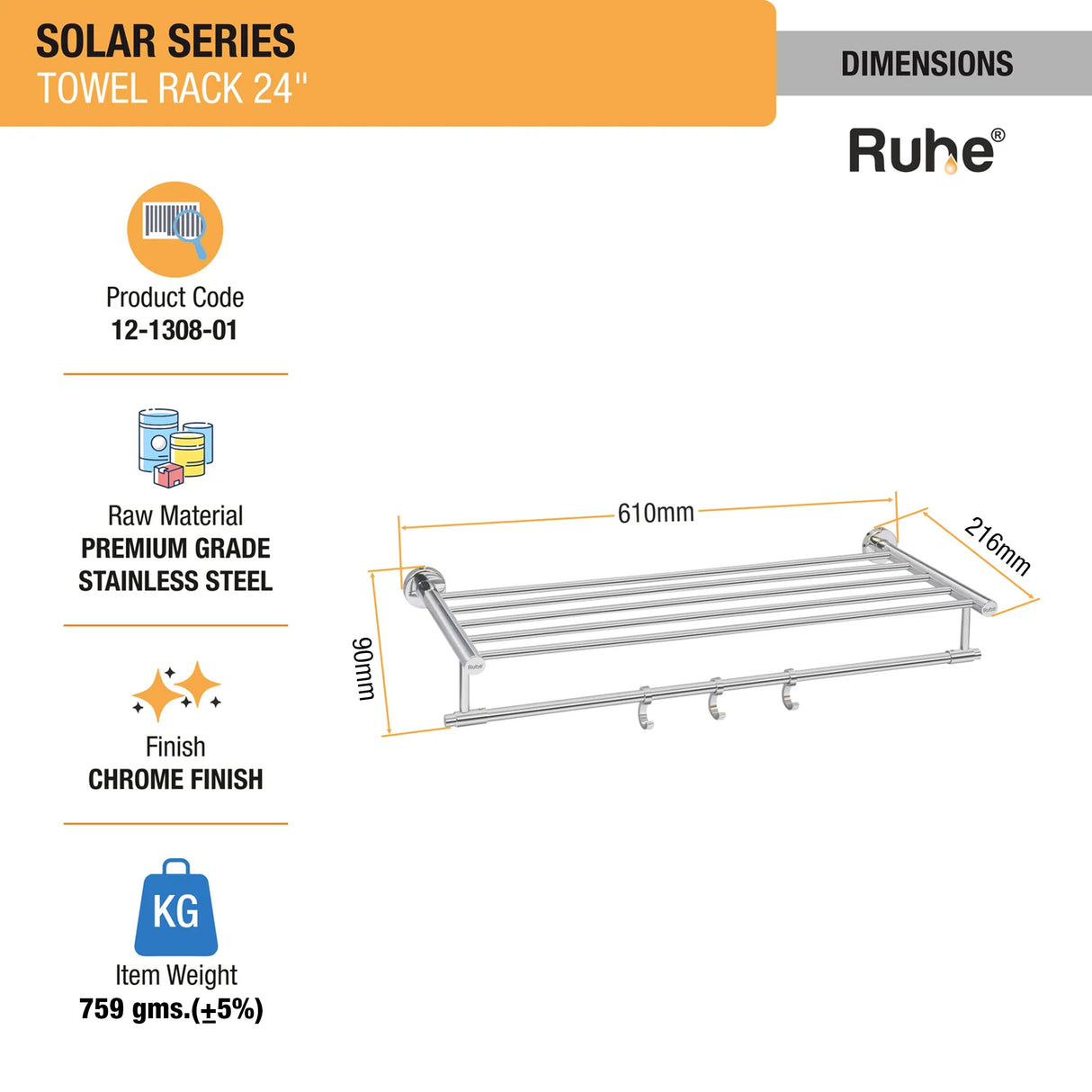 Solar Stainless Steel Towel Rack (24 Inches) - by Ruhe®