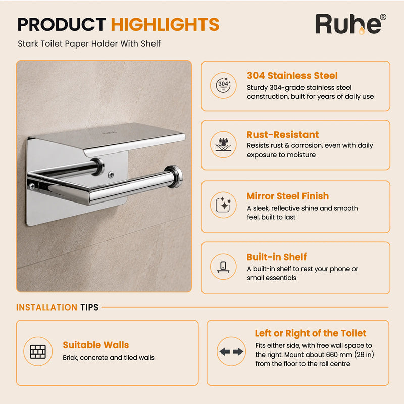 Stark features: mirror-polished 304-Grade steel, self-healing chromium shield, one-piece folded body, 304-Grade steel, end to end
