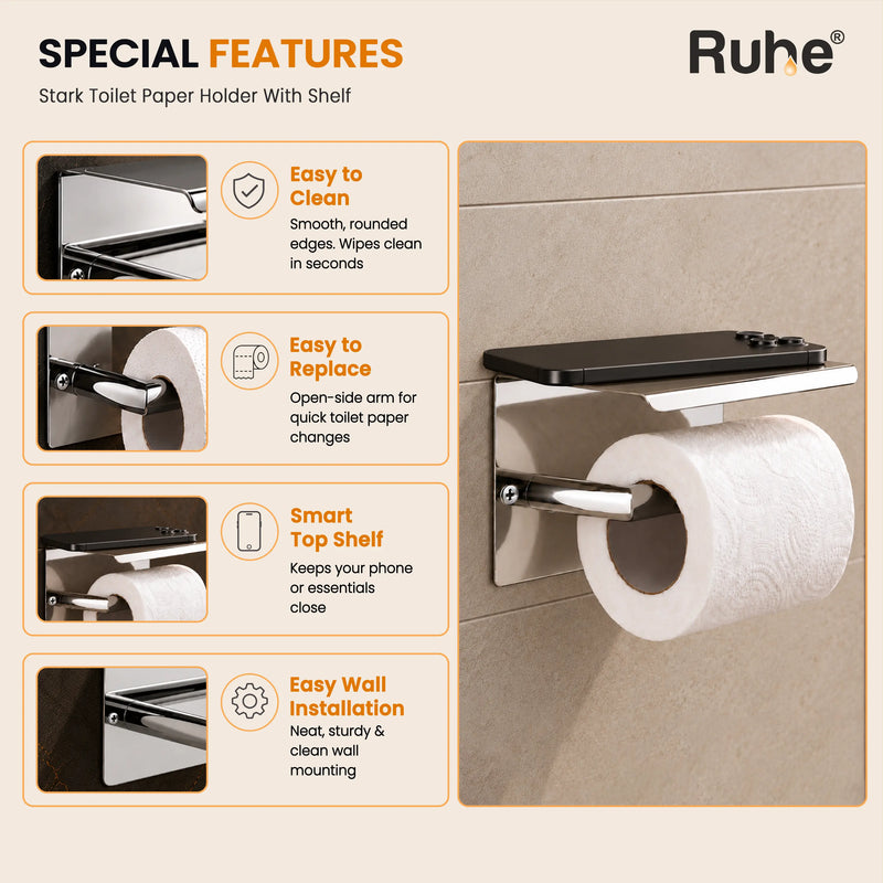 Stark toilet paper holder size 140 x 96 x 90 mm (±5 mm), with 125 mm roll arm, 63 mm arm depth and 108 mm between screw holes