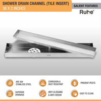 Tile-Insert 304-Grade Shower Drain Channel (2 Inches)