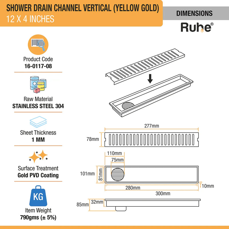Vertical Shower Drain Channel (4 Inches)