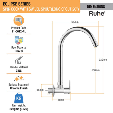 Eclipse Sink Tap with Large (20 inches) Round Swivel Spout Faucet dimensions and size