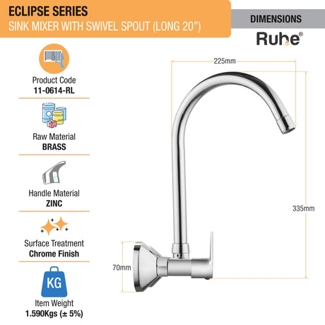 Eclipse Sink Mixer with Large (20 inches) Round Swivel Spout Faucet dimensions and size