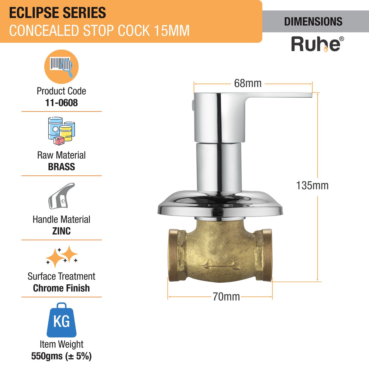 Eclipse Concealed Stop Valve Brass Faucet (15mm)- by Ruhe®