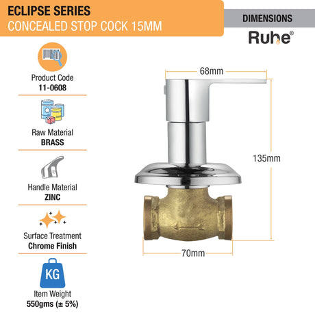 Eclipse Concealed Stop Valve Brass Faucet (15mm) dimensions and size