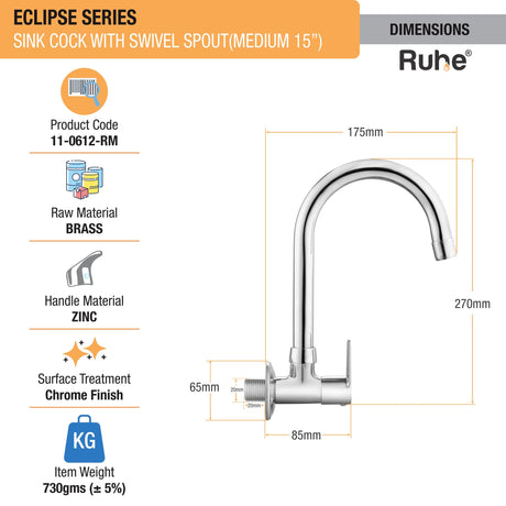 Eclipse Sink Tap with Medium (15 inches) Round Swivel Spout Faucet dimensions and size