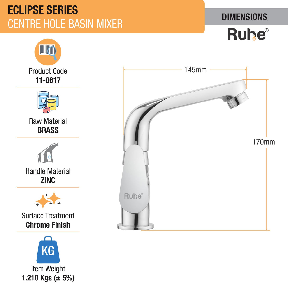 Eclipse Centre Hole Basin Mixer with Small (7 inches) Swivel Spout Faucet dimensions and size