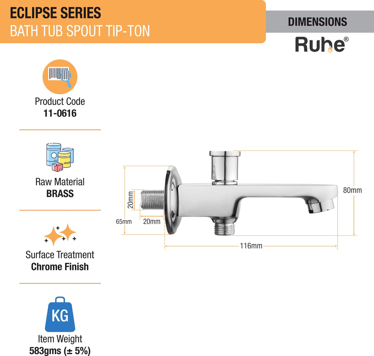 Eclipse BathTub Spout with Tip-Ton Brass Faucet dimensions and size