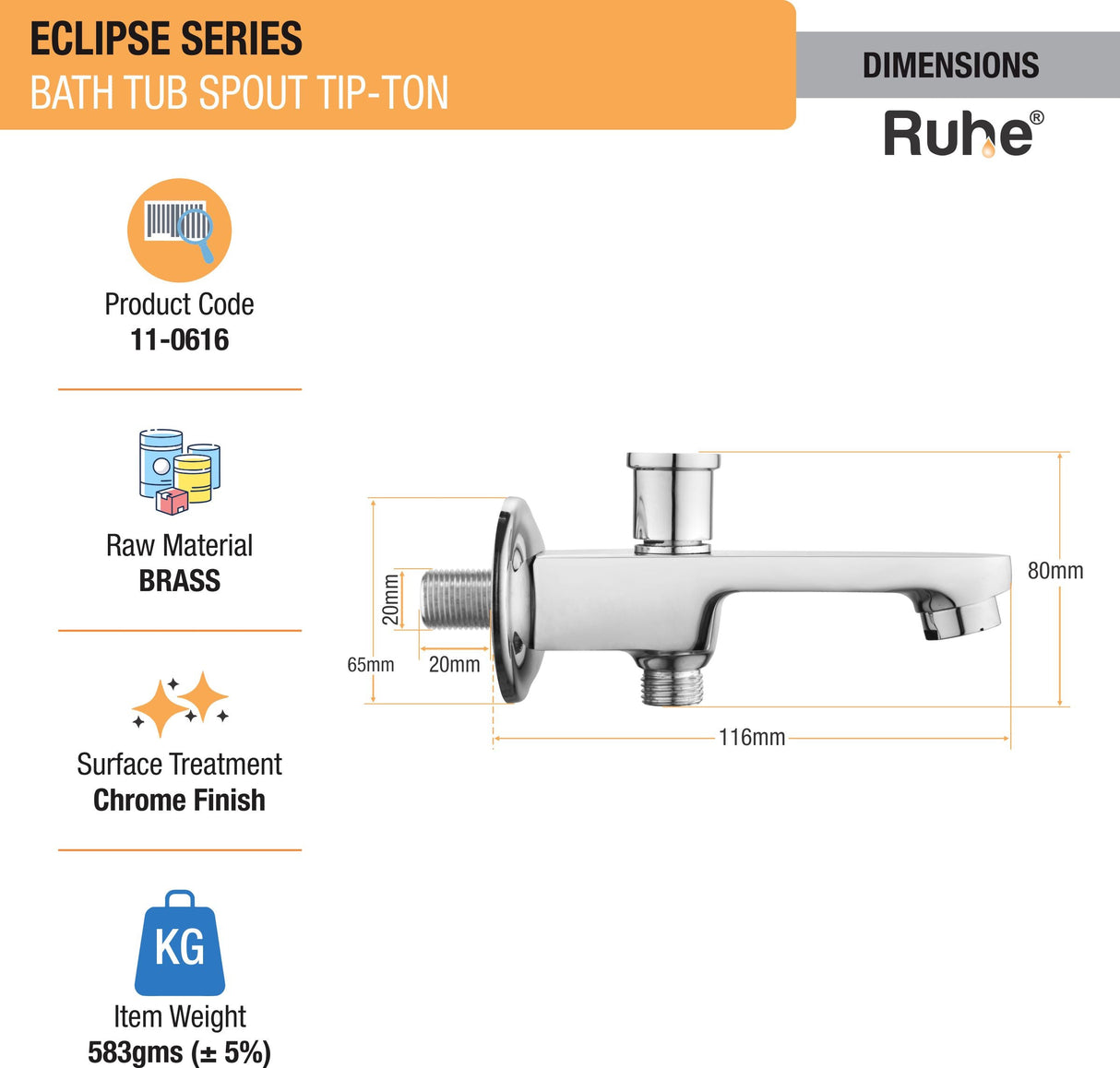 Eclipse Bathtub Tap with Tip-Ton Button (Only Spout) - by Ruhe