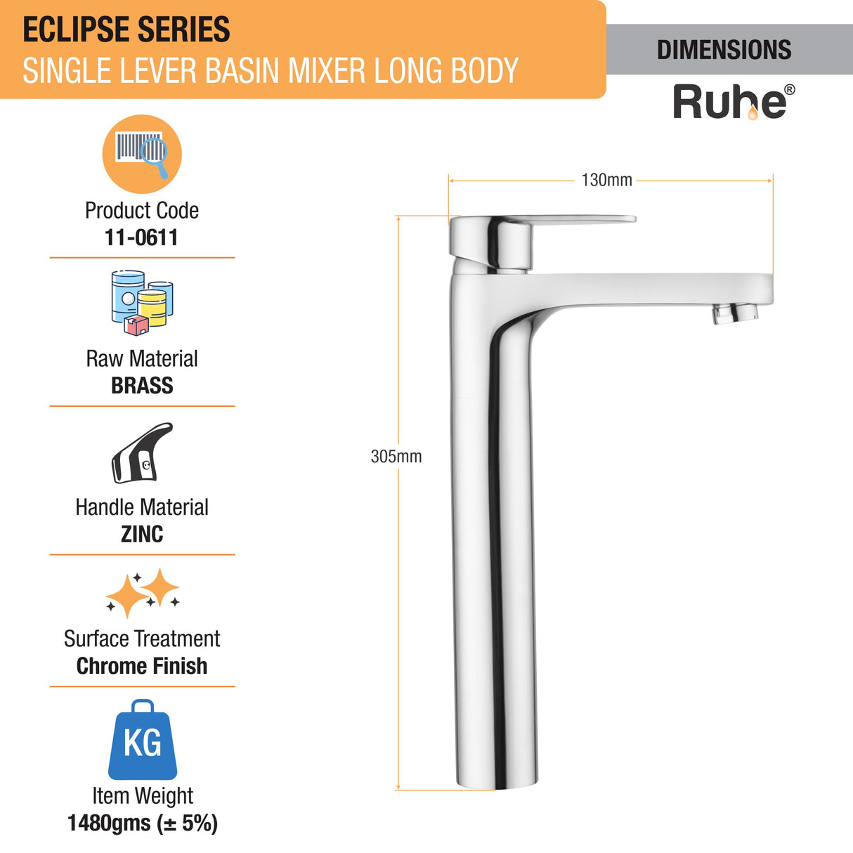Eclipse Single Lever Tall Body Basin Brass Mixer Faucet dimensions and size