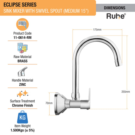 Eclipse Sink Mixer with Medium (15 inches) Round Swivel Spout Faucet dimensions and size