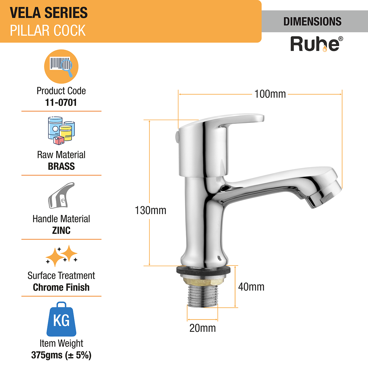 Vela Pillar Tap Brass Faucet dimensions and sizes