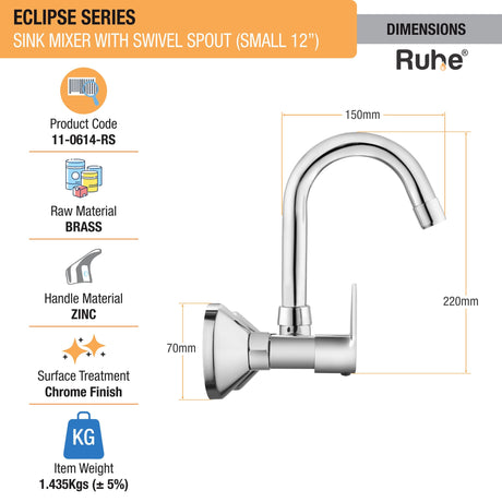 Eclipse Sink Mixer with Small (12 inches) Round Swivel Spout Faucet dimensions and size