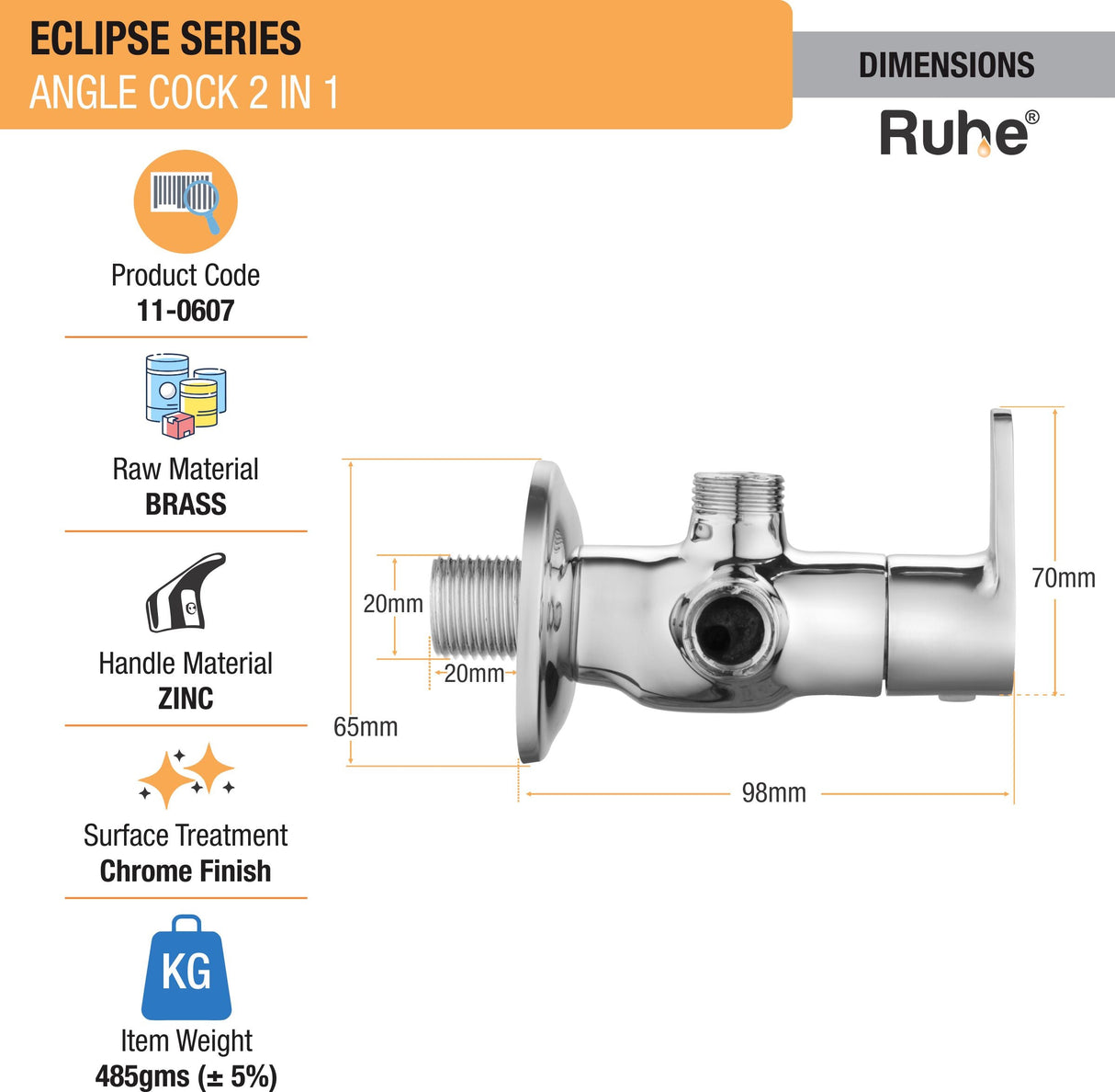 Eclipse Two Way Angle Valve Brass Faucet dimensions and size