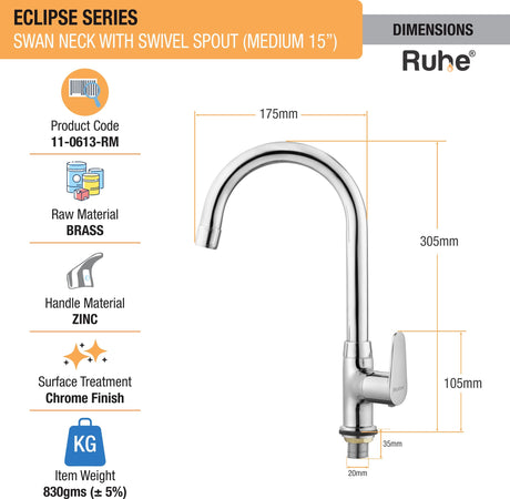 Eclipse Swan Neck with Medium (15 inches) Round Swivel Spout Brass Faucet dimensions and size
