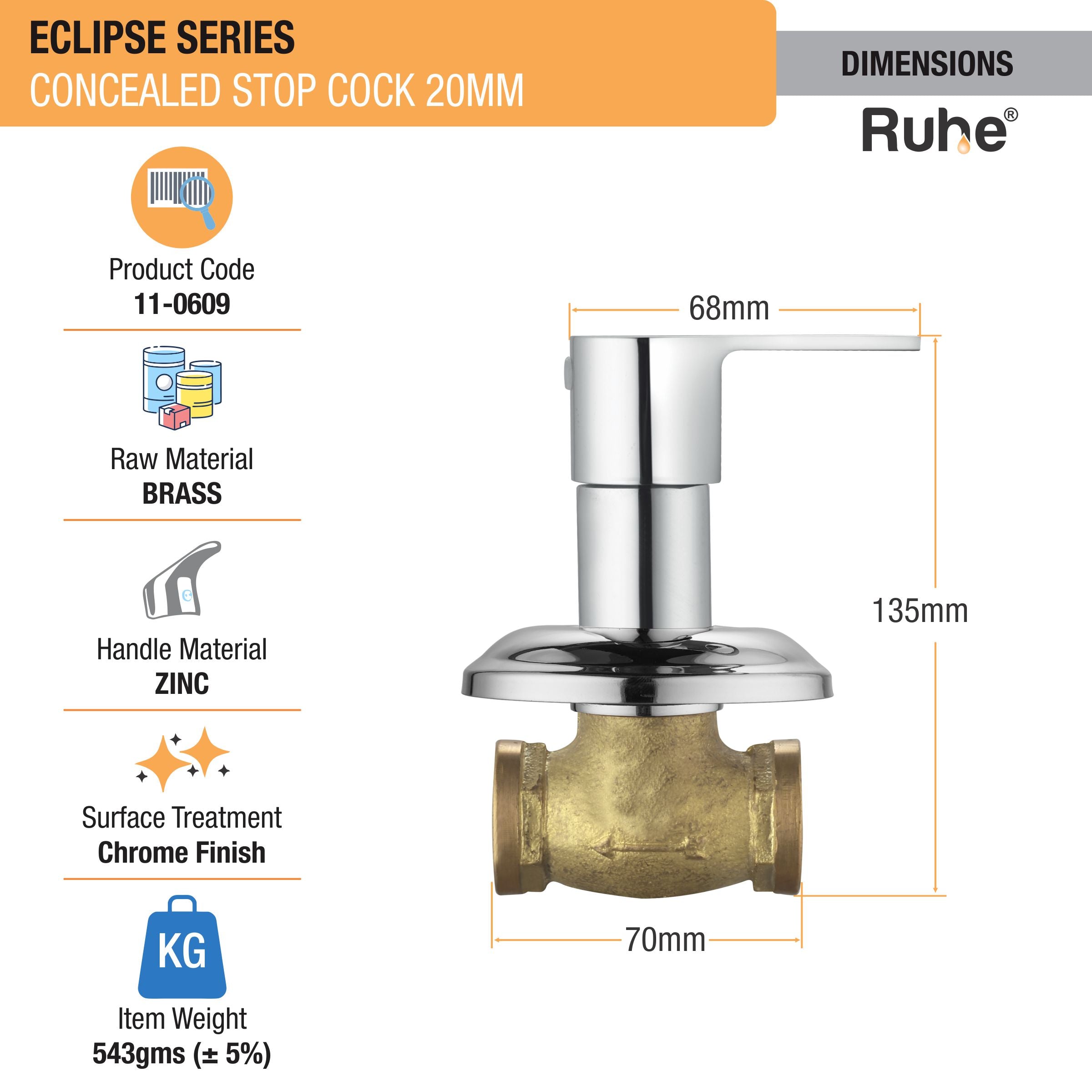 Eclipse Concealed Stop Valve Brass Faucet (20mm) dimensions and size