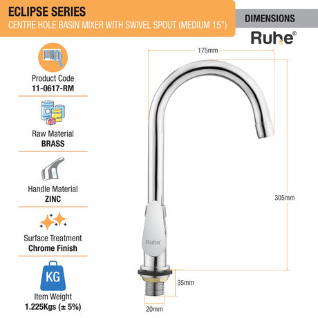 Eclipse Centre Hole Basin Mixer with Medium (15 inches) Round Swivel Spout Faucet dimensions and size