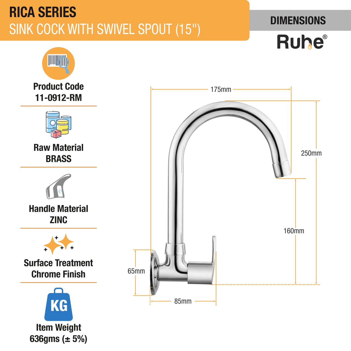 Rica Sink Tap with Medium (15 inches) Round Swivel Spout Brass Faucet dimensions and size
