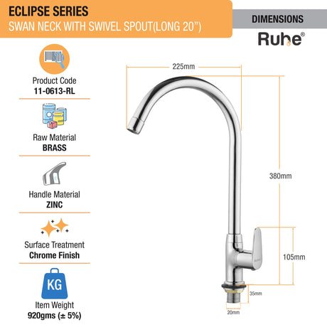Eclipse Swan Neck with Large (20 inches) Round Swivel Spout Brass Faucet dimensions and size