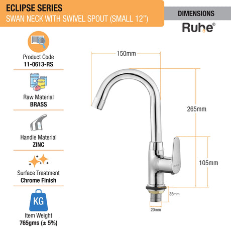 Eclipse Swan Neck with Small (12 inches) Round Swivel Spout Brass Faucet dimensions and size