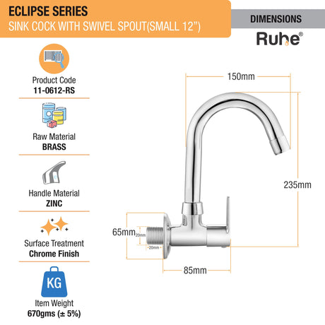 Eclipse Sink Tap With Small (12 inches) Round Swivel Spout Faucet dimensions and size
