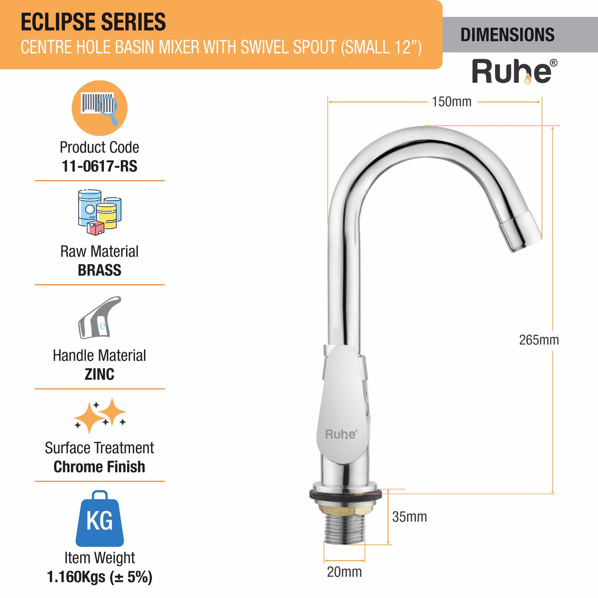Eclipse Centre Hole Basin Mixer with Small (12 inches) Round Swivel Spout Faucet dimensions and size