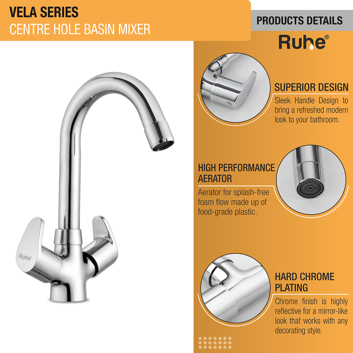Vela Centre Hole Basin Mixer with Small (12 inches) Round Swivel Spout Faucet product details