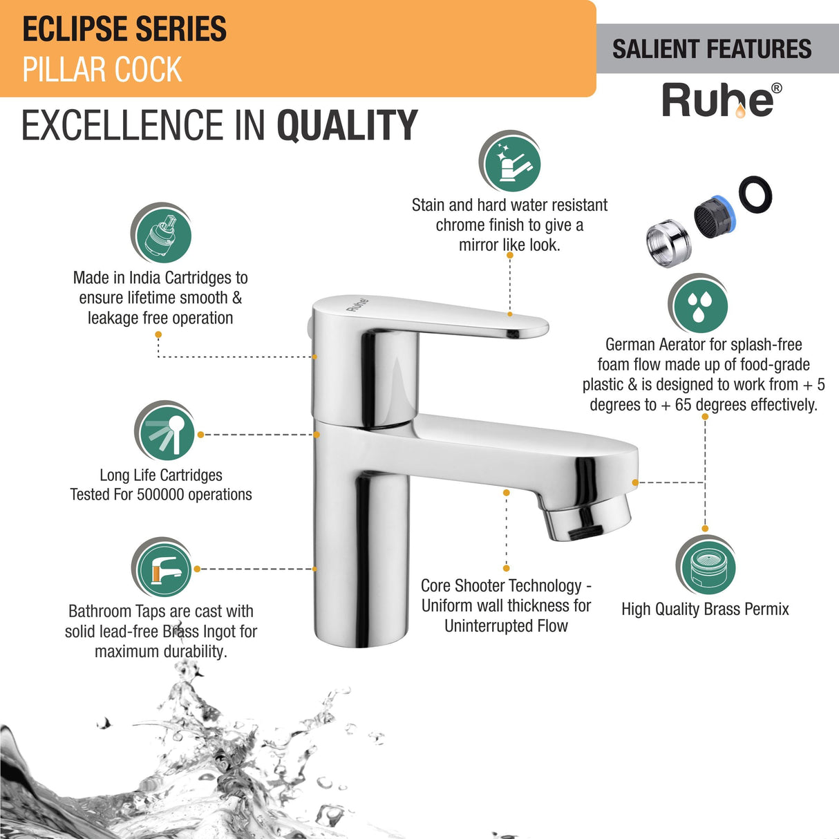 Eclipse Pillar Tap Brass Faucet features