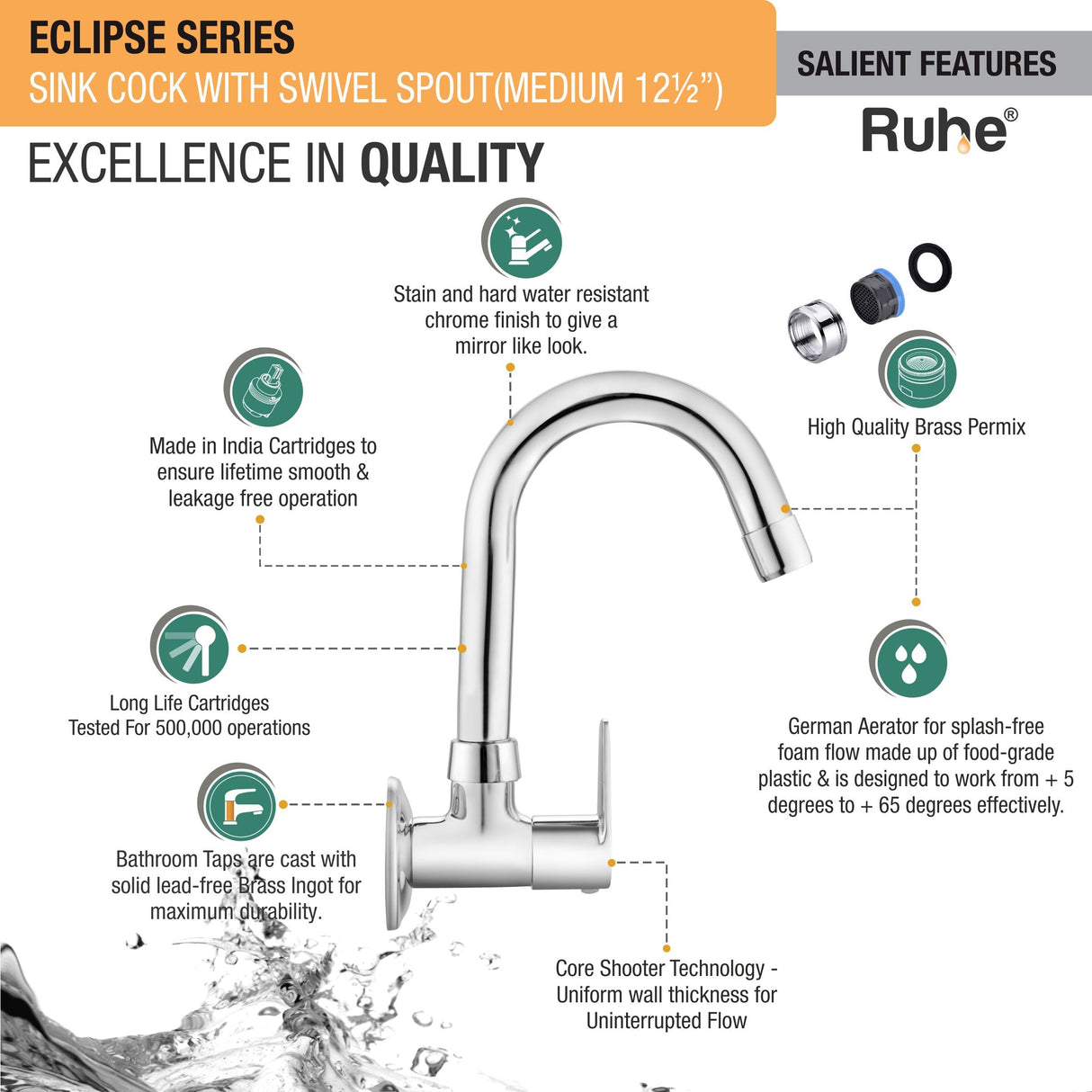 Eclipse Sink Tap with Medium (15 inches) Round Swivel Spout Faucet feature