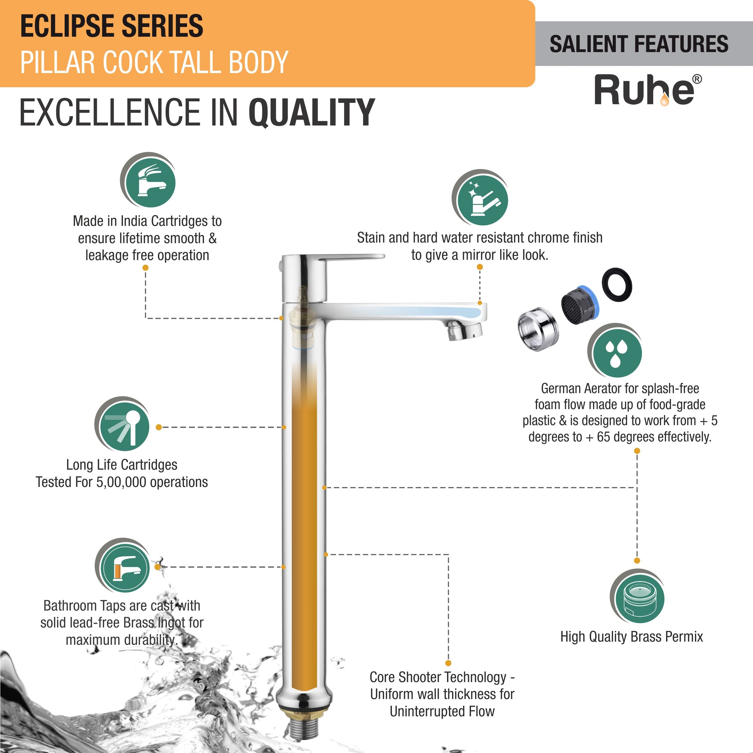 Eclipse Pillar Tap Tall Body Brass Faucet features