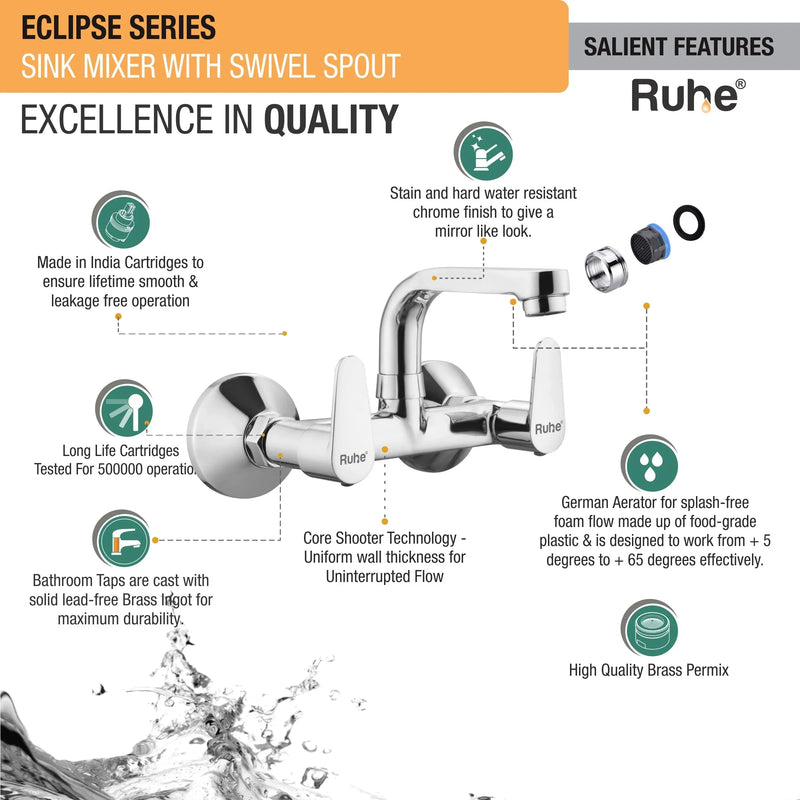 Eclipse Wall Mount Kitchen Sink Mixer Tap with Swivel Spout
