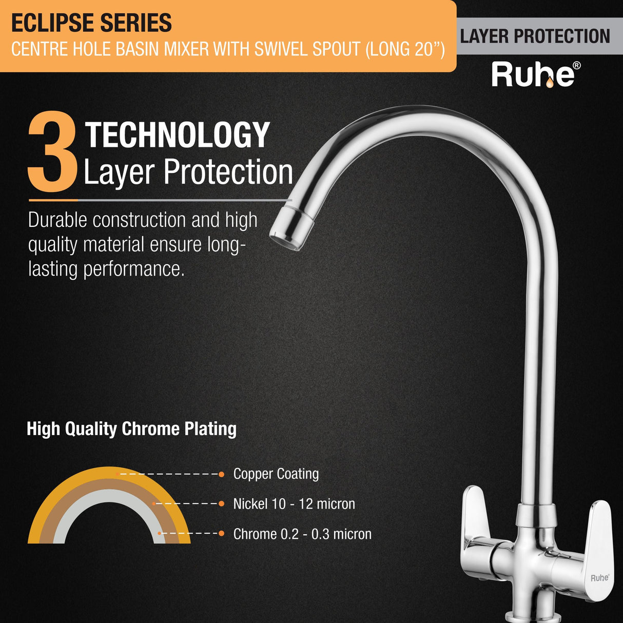 Eclipse Centre Hole Basin Mixer with Large (20 inches) Round Swivel Spout Faucet 3 layer protection
