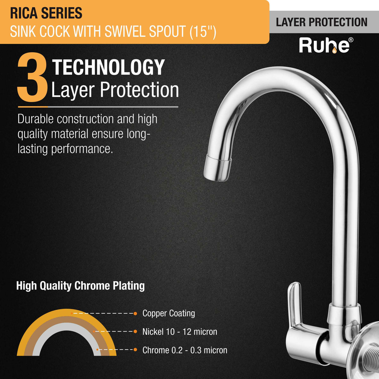 Rica Sink Tap with Medium (15 inches) Round Swivel Spout Brass Faucet 3 layer protection