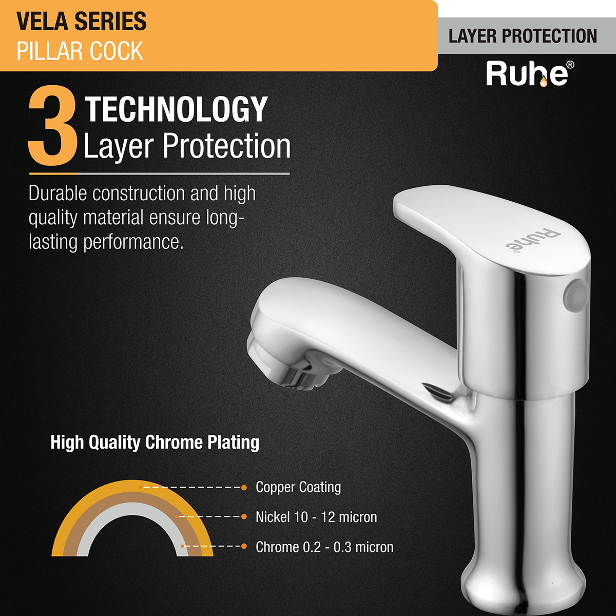 Vela Pillar Tap Brass Faucet 3 layer protection