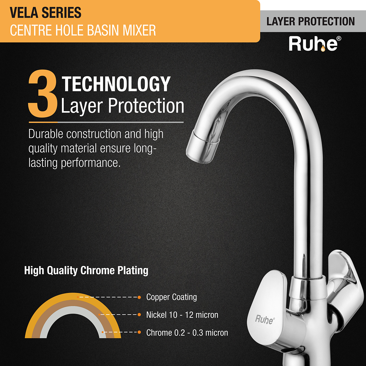 Vela Centre Hole Basin Mixer with Small (12 inches) Round Swivel Spout Faucet 3 layer protection