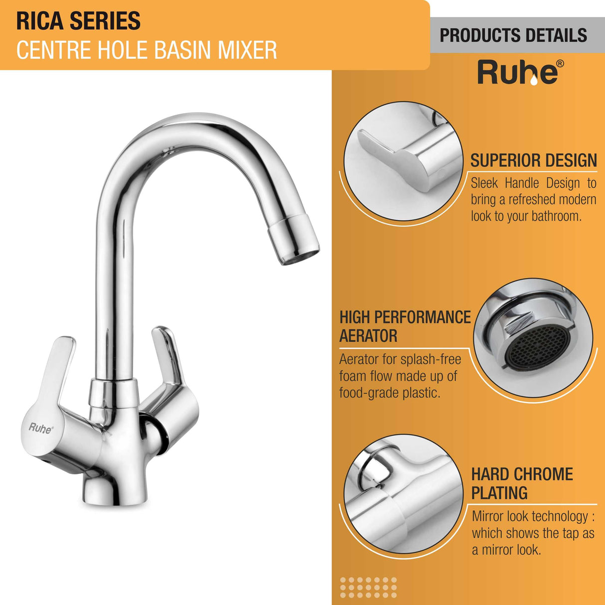 Rica Centre Hole Basin Mixer with Small (12 inches) Round Swivel Spout Faucet product details
