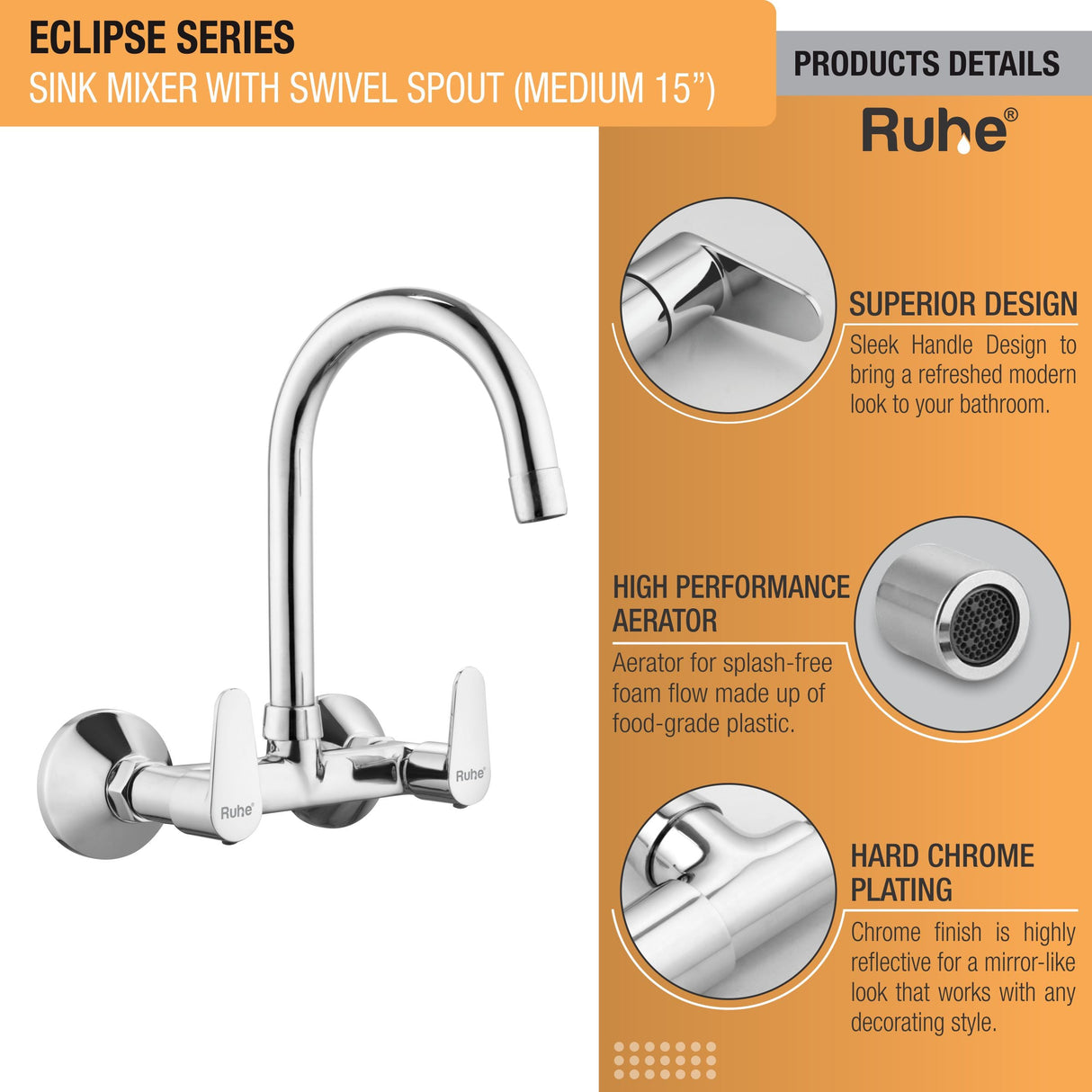 Eclipse Sink Mixer with Medium (15 inches) Round Swivel Spout Faucet product details