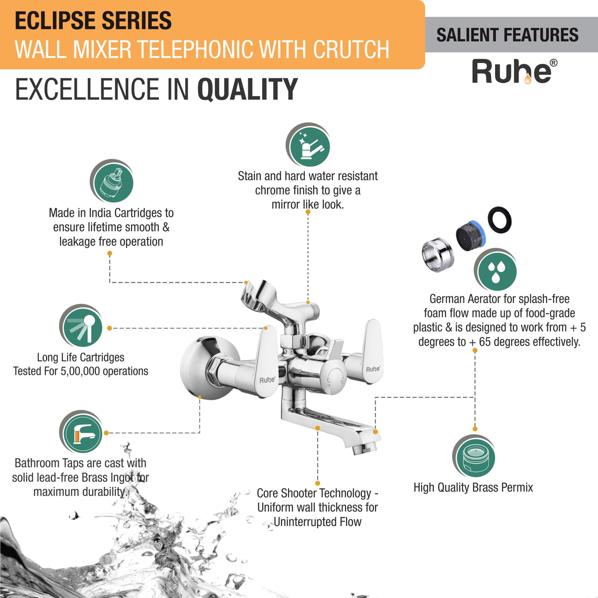 Eclipse Telephonic Wall Mixer Tap with Crutch - by Ruhe®