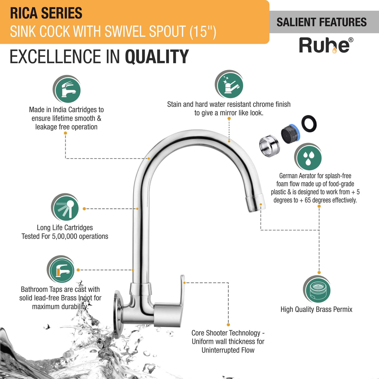 Rica Sink Tap with Medium (15 inches) Round Swivel Spout Brass Faucet features
