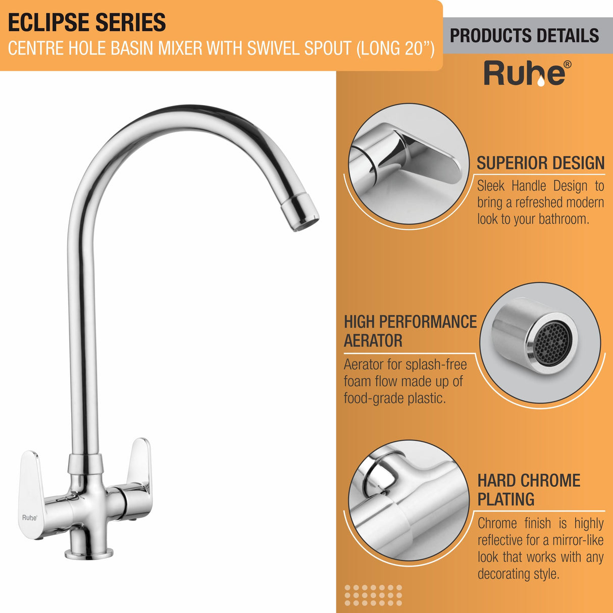 Eclipse Centre Hole Basin Mixer with Large (20 inches) Round Swivel Spout Faucet product details